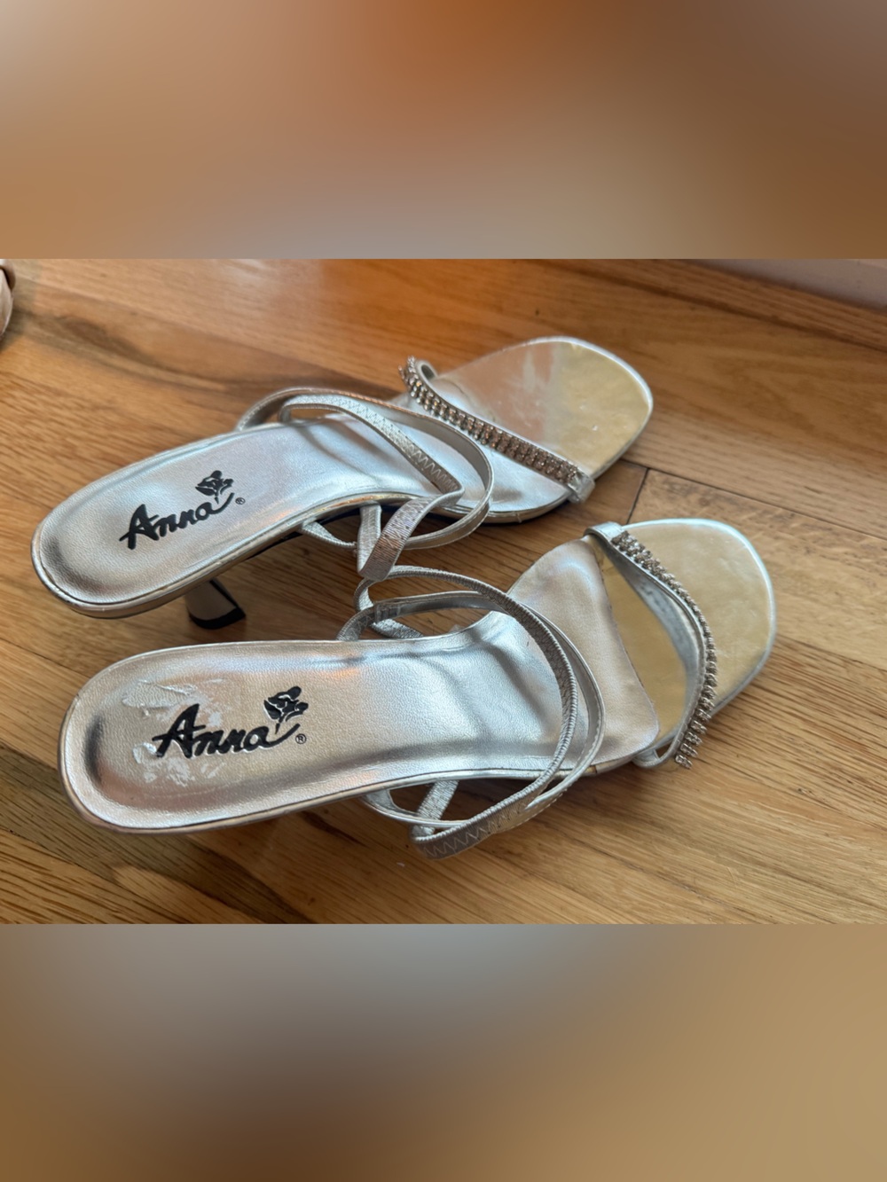 Anna Silver Rhinestone-Strap Kitten Heel Sandals
